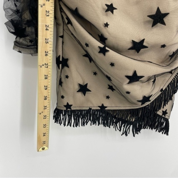 Chicida Puff Long Sleeve Mesh Patchwork Fringed Bandage Dress stars - Picture 4 of 8